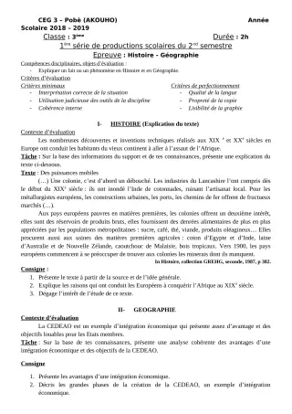 Première page de Anglais 3e, 3e ML — 1re production scolaire, 2e semestre (2018-2019) · CEG3 Pobè (Akouho)