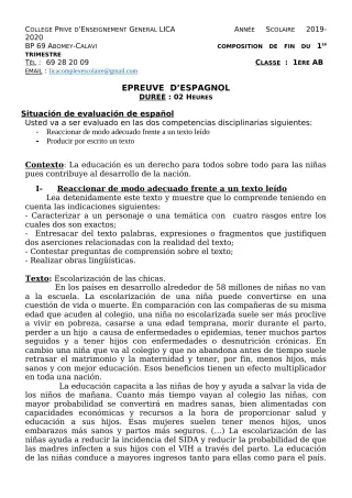 Première page de Espagnol 1ère A2, 1ère B — Composition (2019-2020) · CPEG LICA