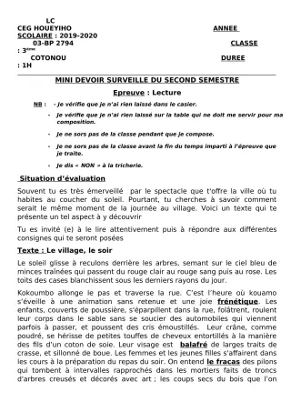 Première page de Français 3e, 3e ML — 1er devoir surveillé, 2e semestre (2019-2020) · CEG HOUEYIHO