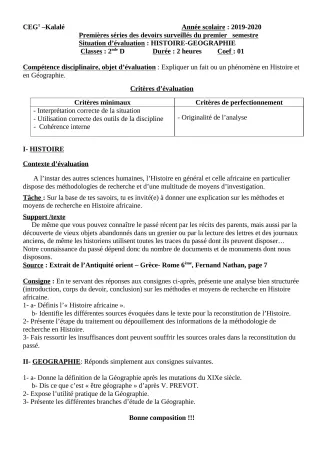 Première page de Histoire-Géographie 2nde D — Devoir surveillé, 1er semestre (2019-2020) · CEG1 Kalalé