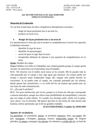 Première page de Espagnol 3e ML — 2e devoir surveillé, 2e semestre (2019-2020) · CEG Yagbe