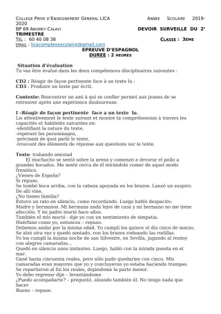 Première page de Espagnol 4e ML, 3e ML — 1er devoir surveillé, 2e trimestre (2019-2020) · CPEG LICA