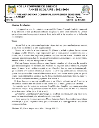 Première page de Français 3e — 1er devoir surveillé, 1er semestre (2023-2024) · CEG SEKERE