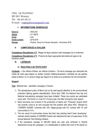 Première page de Anglais 2nde C — 1er devoir surveillé, 1er semestre (2018-2019) · CEG Le Plateau