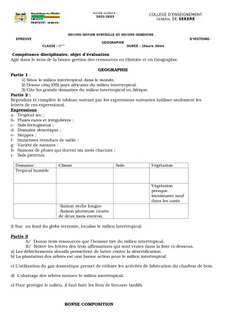 Première page de Histoire-Géographie 6e — 2e devoir surveillé, 2e semestre (2022-2023) · CEG SEKERE