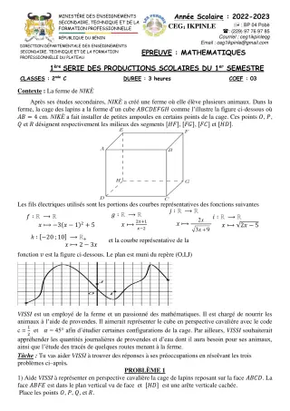 Première page de Mathématiques 2nde C — 1re production scolaire, 1er semestre (2022-2023) · CEG1 Ikpinlè