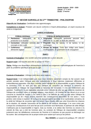 Première page de Philosophie 1ère C, 1ère D — 1er devoir surveillé, 2e trimestre (2019-2020) · CPEG LE PHARAON