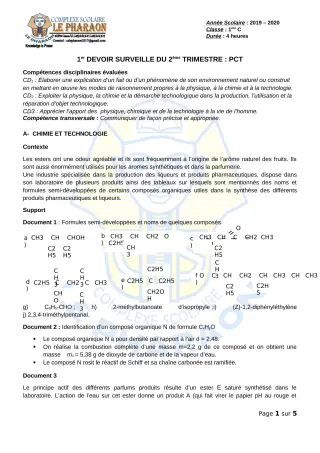 Première page de PCT 1ère C — 1er devoir surveillé, 2e trimestre (2019-2020) · CPEG LE PHARAON
