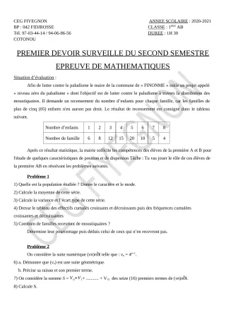 Première page de Mathématiques 1ère A2, 1ère B — 1er devoir surveillé, 2e semestre (2020-2021) · CEG FIYEGNON