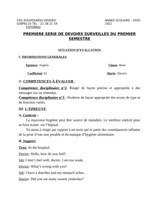 Première page de Anglais 4e, 4e ML — 1er devoir surveillé, 1er semestre (2020-2021) · CEG Kouhounou-Vêdoko