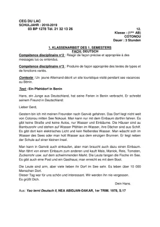 Première page de Devoir surveillé de ALLEMAND — 1ère A2, 1ère B — CEG du Lac (2018)