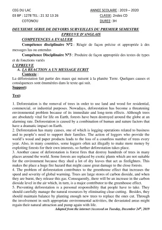 Première page de Anglais 2nde C, 2nde D — 2e devoir surveillé, 1er semestre (2019-2020) · CEG du Lac
