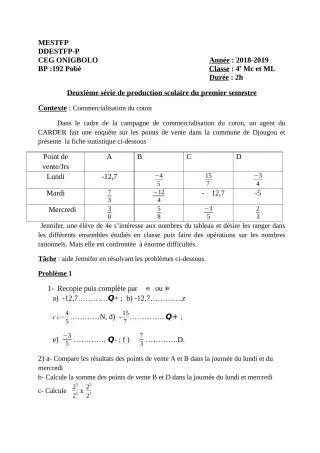 Première page de Mathématiques 4e, 4e ML — 2e production scolaire, 1er semestre (2018-2019) · CEG ONIGBOLO