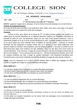 Première page de PCT 5e — Devoir surveillé, 2e semestre (2019-2020) · CEG PRIVE SION DES AD