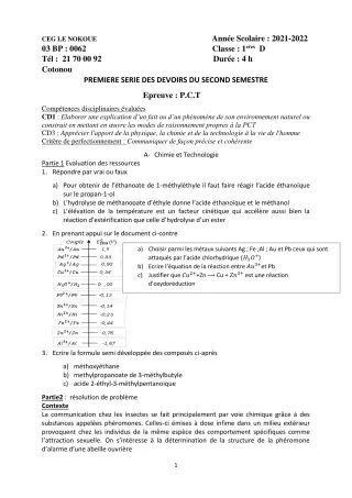Première page de PCT 1ère D — 1er devoir surveillé, 2e semestre (2021-2022) · CEG LE NOKOUE