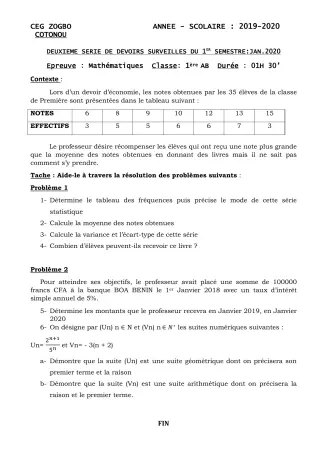 Première page de Mathématiques 1ère A1, 1ère A2, 1ère B — 2e devoir surveillé, 1er semestre (2019-2020) · CEG ZOGBO
