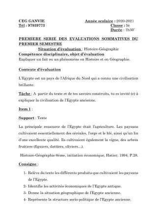 Première page de Histoire-Géographie 5e — 1re évaluation sommative, 1er semestre (2020-2021) · CEG Ganvié
