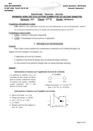 Première page de PCT 1ère D — 1re évaluation sommative, 2e semestre (2019-2020) · CEG Dantokpa