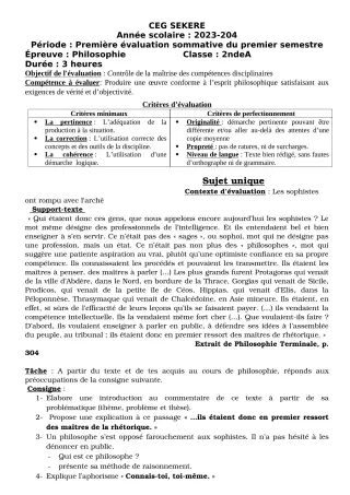 Première page de Philosophie 2nde A2 — 1re évaluation sommative, 1er semestre (2023-2024) · CEG SEKERE