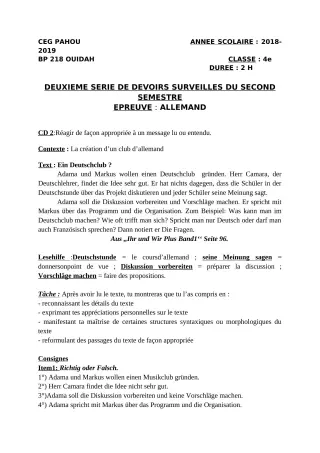 Première page de Allemand 4e ML — 2e devoir surveillé, 2e semestre (2018-2019) · CEG PAHOU