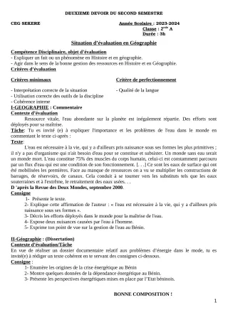 Première page de Histoire-Géographie 2nde A2 — Composition, 2e semestre (2023-2024) · CEG SEKERE