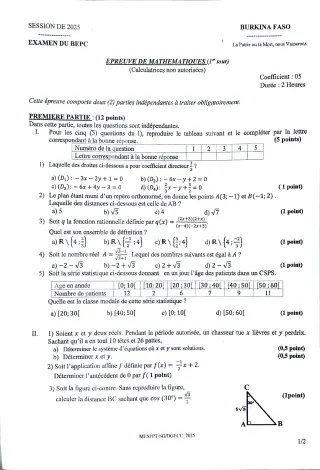Première page de Épreuve de Mathématiques (1er Tour) – BEPC 2025 Burkina Faso