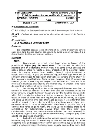 Première page de Anglais 1ère C, 1ère D — 2e devoir surveillé, 2e semestre (2018-2019) · CEG OKEDAMA