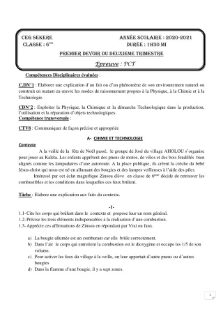 Première page de PCT 6e — 1er devoir surveillé, 2e trimestre (2020-2021) · CEG SEKERE