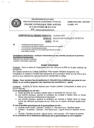 Première page de EPS 4e – Composition du 1er trimestre 2025-2026 – Gymnastique au sol et course de haies – Collège Catholique Père Aupiais