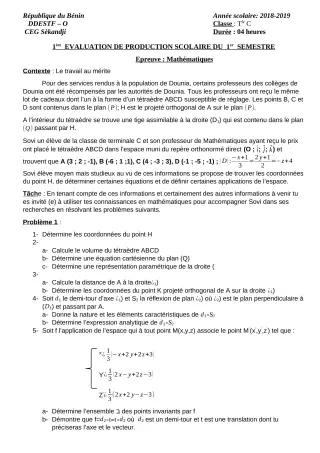 Première page de Mathématiques Tle C — 1re production scolaire, 1er semestre (2018-2019) · CEG SEKANDJI