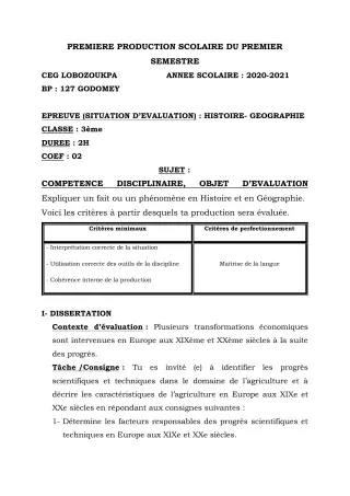Première page de Histoire-Géographie 3e — 1re production scolaire, 1er semestre (2020-2021) · CEG Lobozounkpa