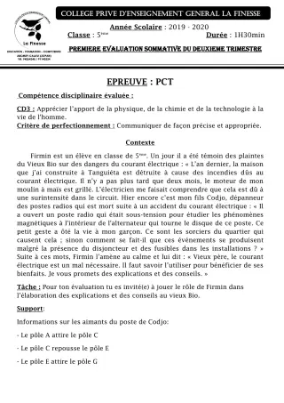 Première page de PCT 5e — 1re évaluation sommative, 2e trimestre (2019-2020) · CPEG La Finesse