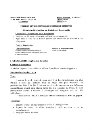 Première page de Histoire-Géographie 4e — 1er devoir surveillé, 2e semestre (2020-2021) · CEG Kouhounou-Vêdoko