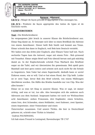 Première page de Allemand Tle A1, Tle A2, Tle B — 1er devoir surveillé, 1er semestre (2019-2020) · CEG 1 Akpakpa-Centre