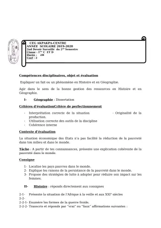 Première page de Histoire-Géographie 1ère C, 1ère D — 2e devoir surveillé, 2e semestre (2019-2020) · CEG 1 Akpakpa-Centre