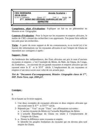 Première page de Histoire-Géographie 5e — Devoir surveillé, 2e semestre (2018-2019) · CEG OKEDAMA