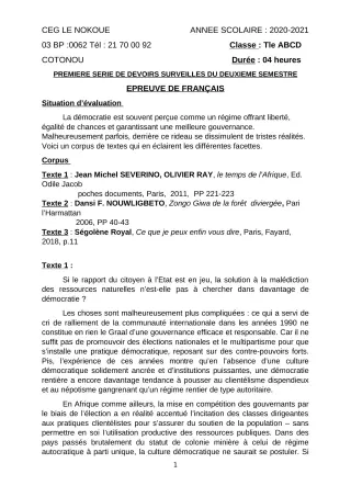 Première page de Français Tle A1, Tle A2, Tle B, Tle C, Tle D — 1er devoir surveillé, 2e semestre (2020-2021) · CEG LE NOKOUE
