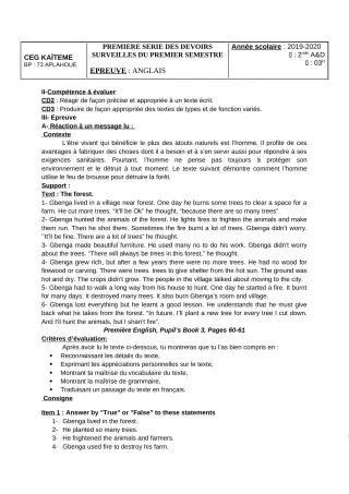 Première page de Anglais 2nde A2 — 1er devoir surveillé, 1er semestre (2019-2020) · CEG Kaïtèmè