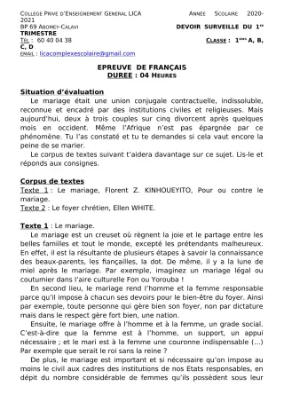 Première page de Français 1ère A2, 1ère B, 1ère C, 1ère D — Devoir surveillé, 1er trimestre (2020-2021) · CPEG LICA