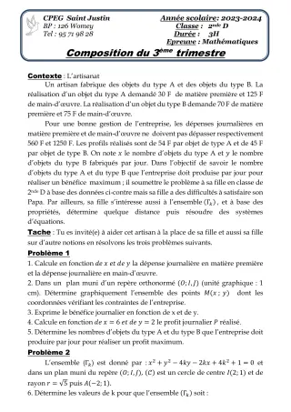 Première page de Mathématiques 4e, 2nde C, 2nde D — Composition, 3e trimestre (2023-2024) · CPEG SAINT Justin