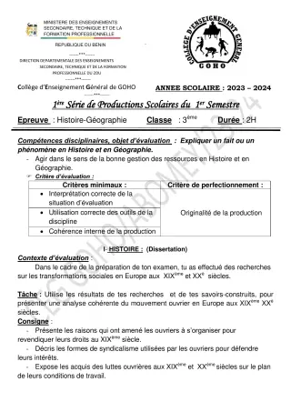 Première page de Histoire-Géographie 3e — 1re production scolaire, 1er semestre (2023-2024) · CEG GOHO
