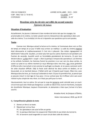 Première page de Français 5e — 2e devoir surveillé, 2e semestre (2019-2020) · CEG LE NOKOUE