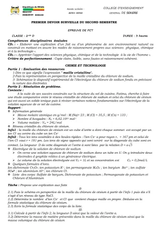 Première page de PCT 2nde D — 1er devoir surveillé, 2e semestre (2021-2022) · CEG SEKERE