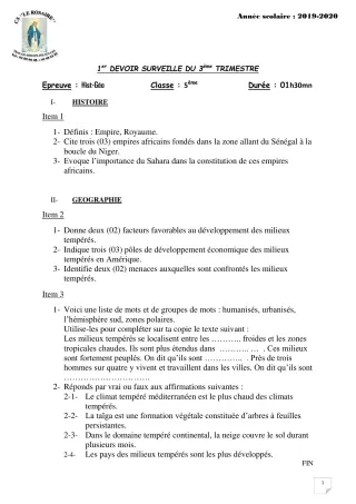 Première page de Histoire-Géographie 5e — 1er devoir surveillé, 3e trimestre (2019-2020) · CPEG ROSAIRE
