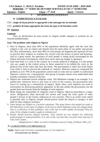 Première page de Anglais Tle A1, Tle A2, Tle B — 1er devoir surveillé, 1er semestre (2019-2020) · CEG Hubert C. MAGA