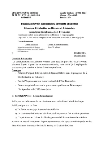 Première page de Histoire-Géographie Tle C, Tle D — 2e devoir surveillé, 2e semestre (2020-2021) · CEG Kouhounou-Vêdoko