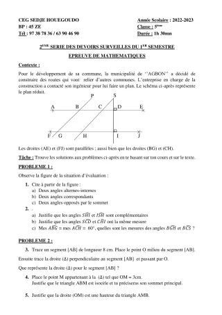 Première page de Mathématiques 5e — 2e devoir surveillé, 1er semestre (2022-2023) · CEG Sèdjè-Houègoudo