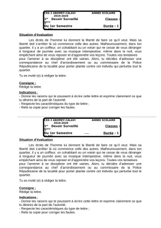 Première page de Français 5e — 1er devoir surveillé, 1er semestre (2018-2019) · CEG2 ABOMEY - CALAVI (CEG ZOCA)