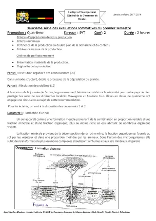 Première page de SVT 4e — 2e évaluation sommative, 1er semestre (2017-2018) · CEG C.P de Dompago
