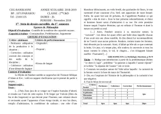 Première page de Philosophie 2nde A2, 2nde B, 2nde C, 2nde D, Tle C, Tle D — 1er devoir surveillé, 1er semestre (2018-2019) · CEG Banikanni